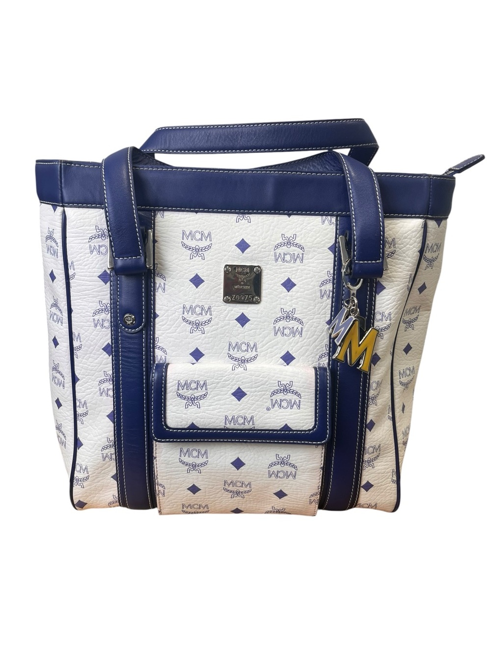 MCM White Navy Blue Visetos Monogram Leather Tote Bag Authentic with Charms